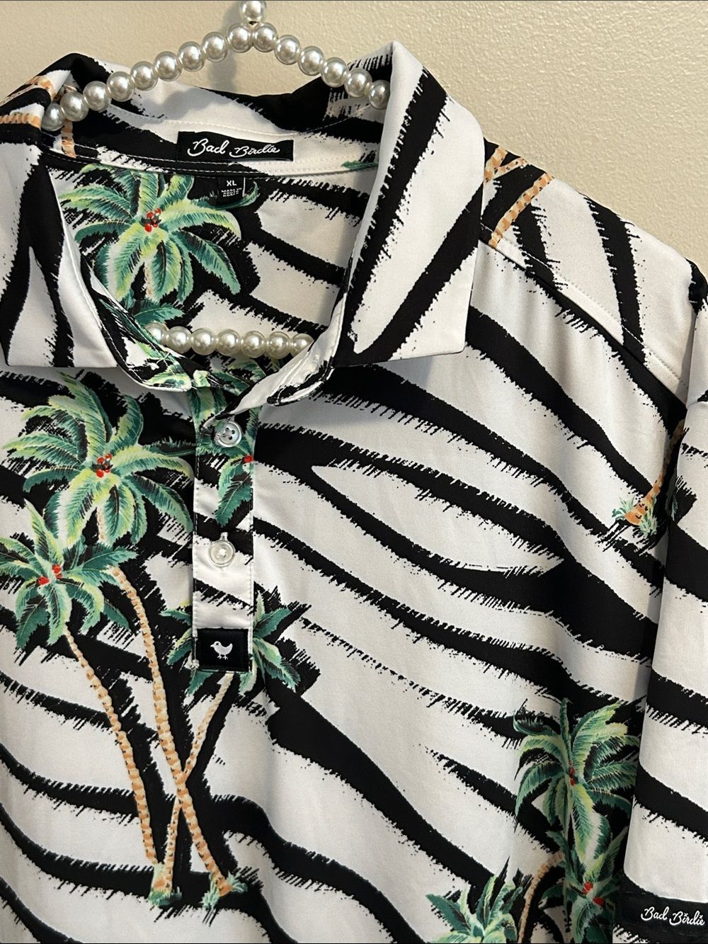 Bad Birdie Men's XL Summer Safari Zebra Palm Tree Golf Polo